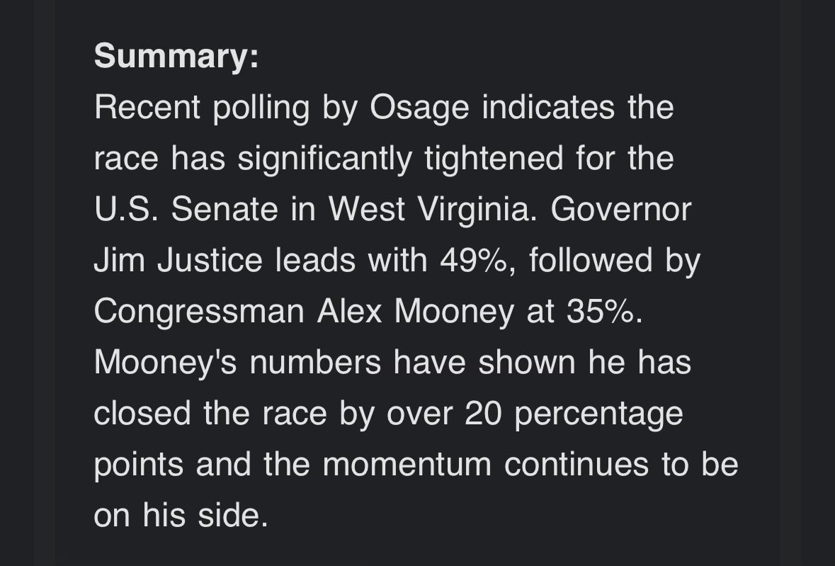 In #WVSEN, @MooneyforWV out with a poll showing the race closing substantially in the closing days