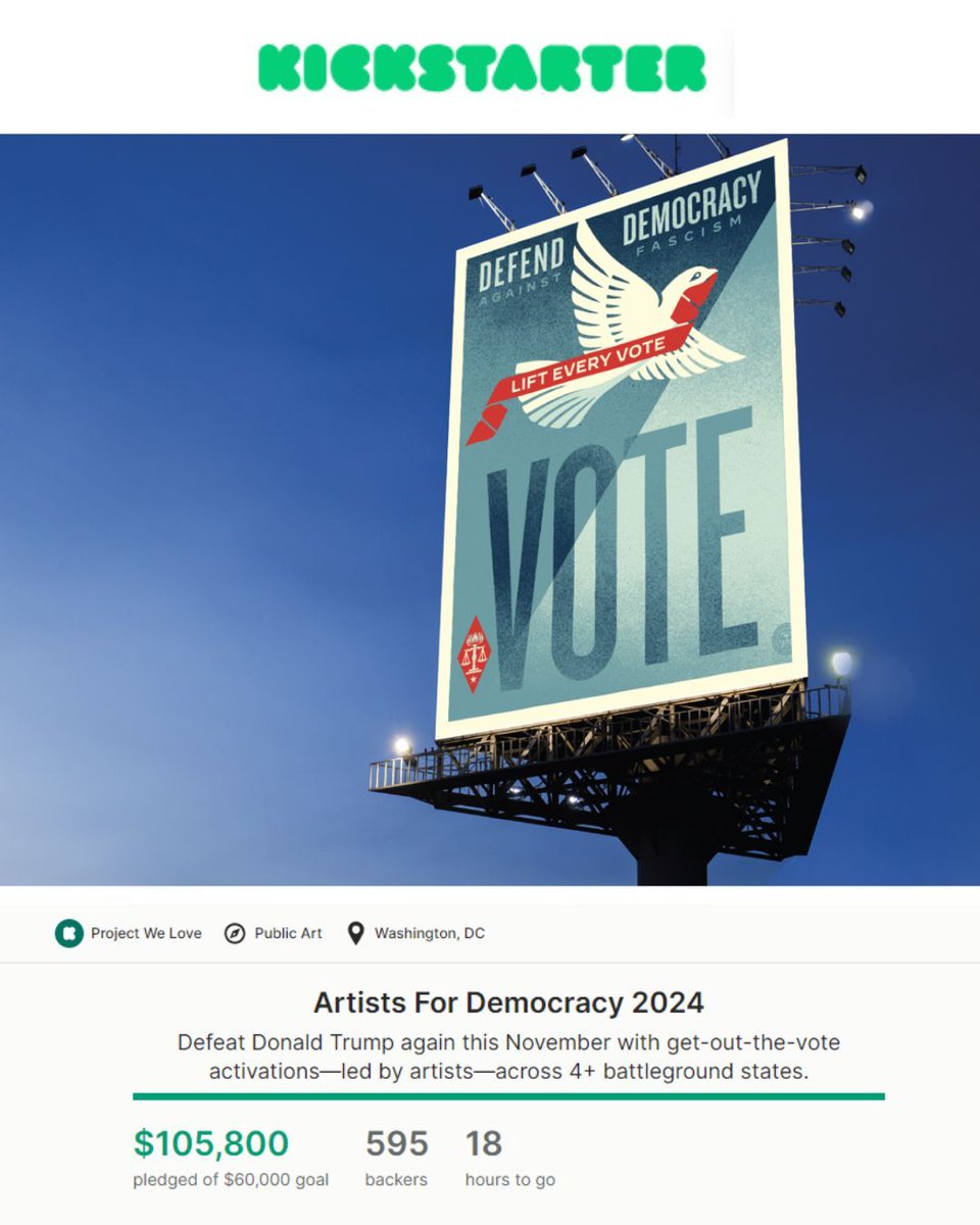 Only a few hours left! Back the #ArtistsForDemocracy kickstarter before it ends tonight to help our artists turn out the vote between now and November! Back it now to help us reach even more voters! kickstarter.com/projects/pfaw/…