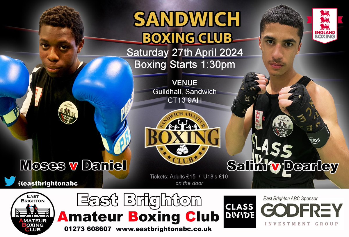 Next out for <a href="/EastBrightonABC/">East Brighton ABC</a> is Luqman Salim and making his debut Destiny Moses. This time we are making the trip up to Sandwich Boxing Club. All the action will take place this Saturday. Boxing starts at 1:30pm. <a href="/godfrey_living/">Godfrey Living</a> @crewclub
