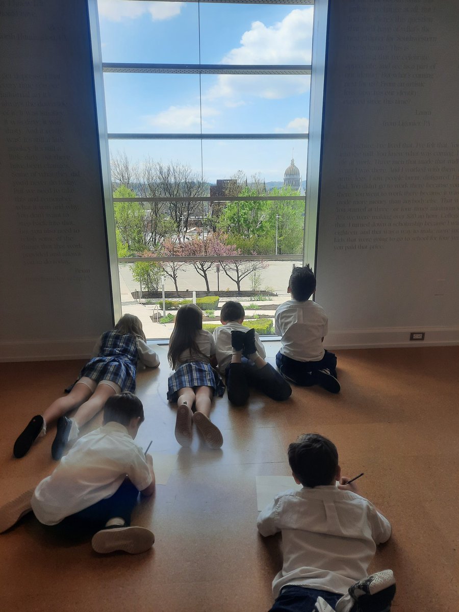 After a discussion about landscapes in the McKenna gallery, 1st graders began drawing their own landscapes of Greensburg. @TheWestmoreland #docent #landscapeartists @DowntownGbg #youngartists #lifelonglearners #Museums2024 #museumdocents