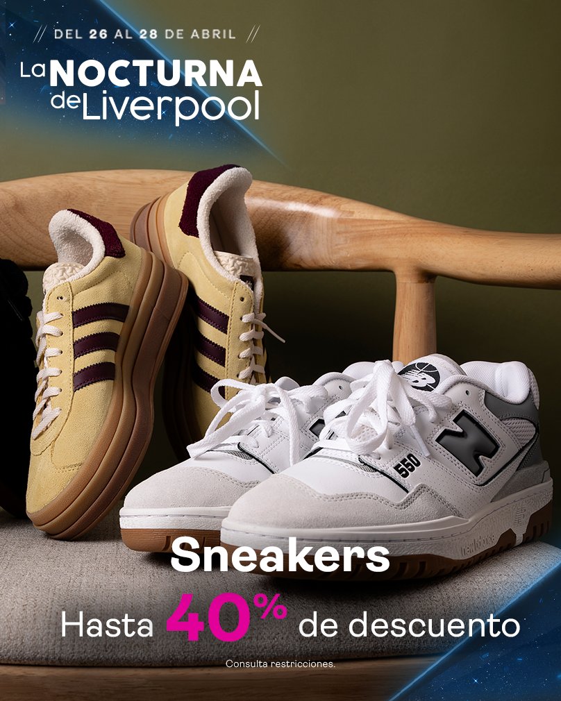 Smart casual es lo de hoy 👟👟 ¡Hasta -40% en sneakers! Encuentra los tuyos en #LaNocturna 🌛 de Liverpool liverpool.onelink.me/GNnO/7l3v9nvq #TodoenLiverpool #EsParteDeMiVida