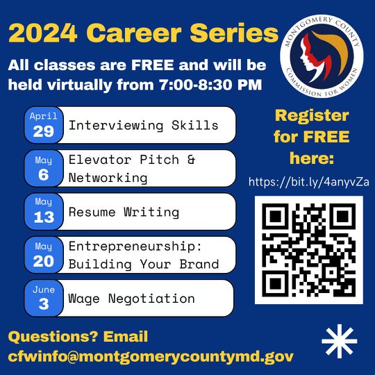 Power up your career game with @MoCoWomen's free seminars this spring! 🌱 From nailing interviews to perfecting your pitch and negotiating wages, these Zoom sessions are your toolkit for success. Start with interviewing skills on April 29 at 7 p.m.! ✨ ow.ly/mkkG50RptpR