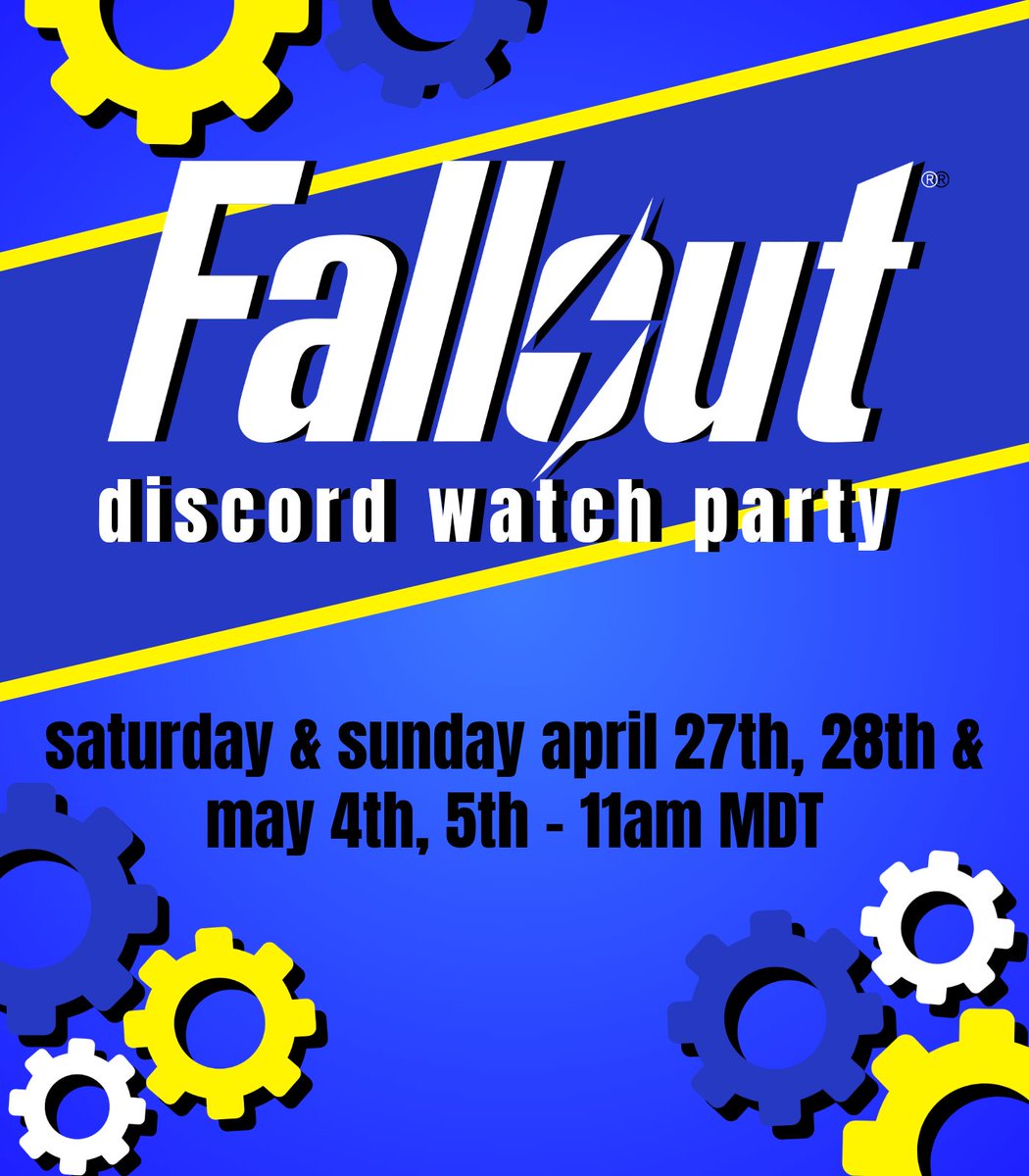 Hosting a Fallout watch party in my discord starting this weekend 💛 All viewings will take place on Saturday & Sunday, there's 8 episodes total so we'll watch 2 each day 🫡✨️