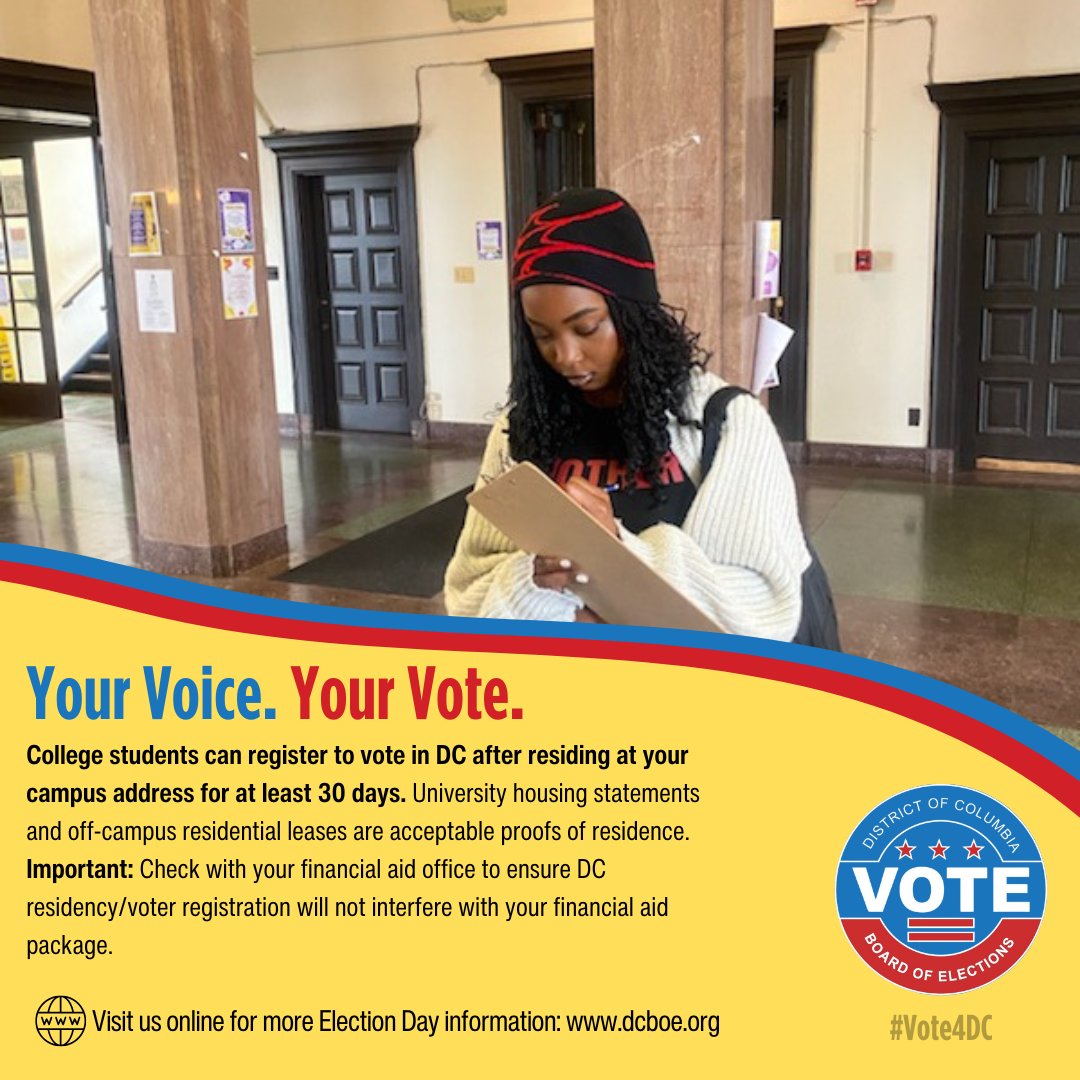 #DidYouKnow that university housing statements and off-campus residential leases are acceptable proofs of residence? That's right, college students can register to vote using their campus address after residing there for at least 30 days. #Vote4DC