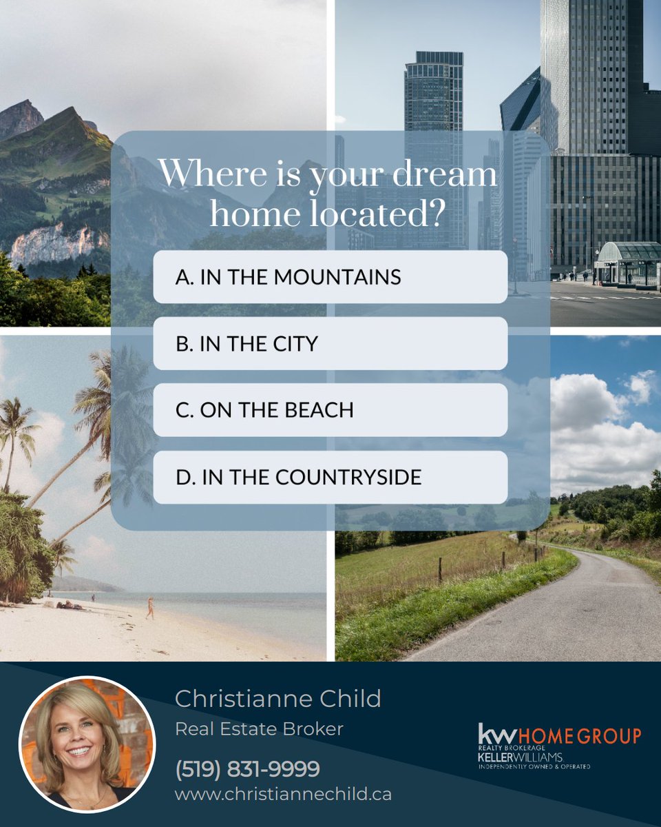 What's your dream home location—mountains, city, countryside, or beach? Share your ideal setting.

#dreamhome #perfectlocation #mountainretreat #citylife #countrysideliving #beachfront #christiannechild #guelphrealestate #realestateguelph #guelph #Buyers #Sellers