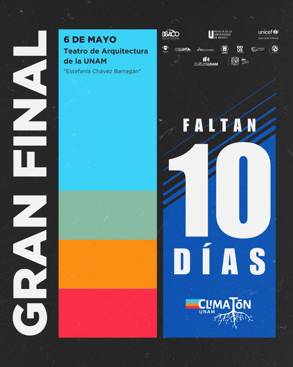 ¡Cada vez más cerca! Estamos a sólo 10 días de la Gran Final, que se llevará a cabo en el Teatro de Arquitectura de la UNAM Aparta la fecha, y acompáñanos a apoyar a los equipos finalistas de esta cuarta edición del #ClimatónUNAM #CambioClimatico #Sostenibilidad #MedioAmbiente