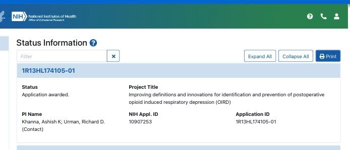 Excited to see this important idea on postoperative patient safety funded by @NIH @nih_nhlbi @OSU_ANESRes @WakeAnesthesia look forward to working on this collaboration and meeting together! #OIRD @APSForg @ASALifeline @SOCCA_CritCare @SASM_HQ