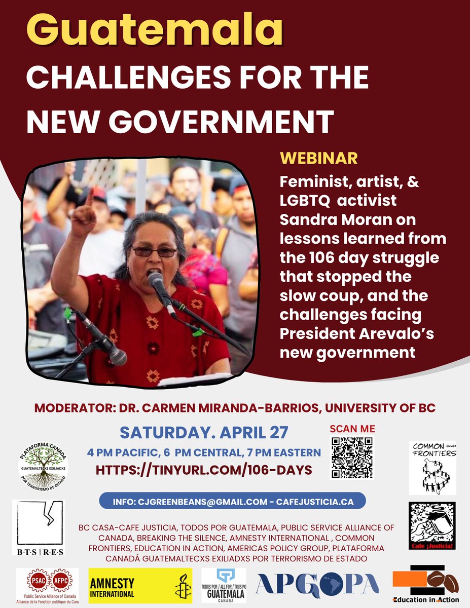 ⚠️TOMORROW! @AmnestyNow is honoured to co-sponsor this webinar assessing the challenges ahead for justice and human rights in #Guatemala, with guest speaker Sandra Moran. Scan the QR code to register.