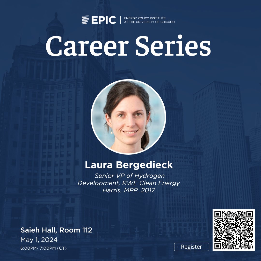@UChicago Students: Join us on May 1 for our Career Series! Meet @HarrisPolicy alumna Laura Bergedieck, Senior VP of Hydrogen Development, RWE Clean Energy, and learn about her career journey. Register: epic.uchicago.edu/events/event/l…