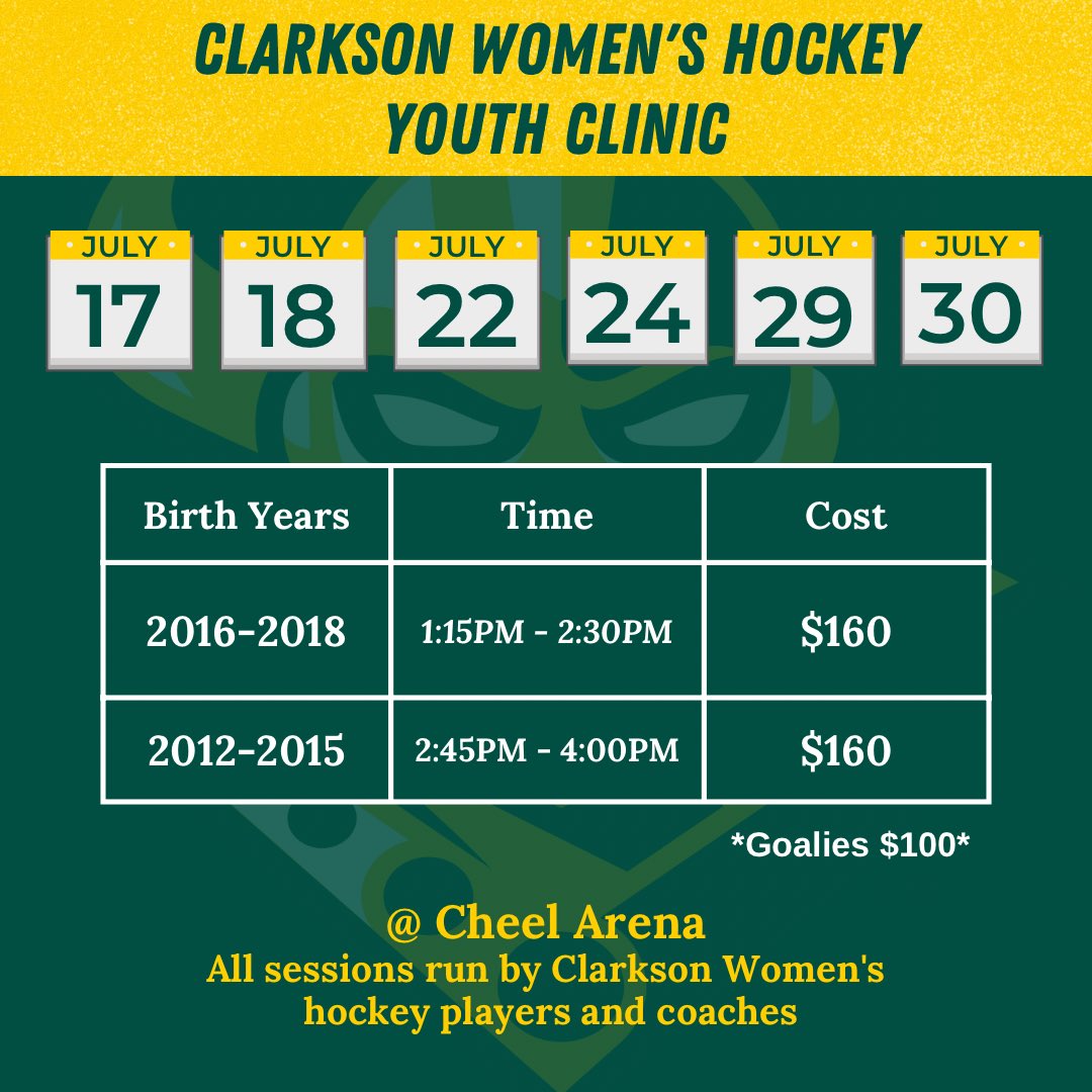 Our Summer Youth Clinic is back!😍🥳 Register here vivenu.com/event/clarkson… #YouthClinic #ClarksonHockey