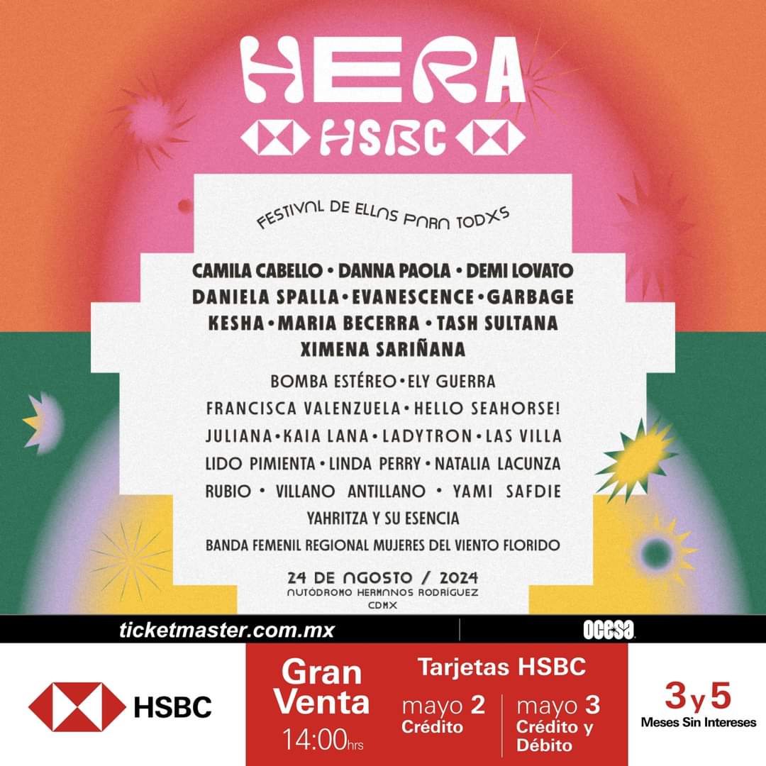 ¡Tenemos un nuevo festival en la #CDMX! #HeraHSBC24, un festival #DeEllasParaTodxs 💜
Las voces que están cambiando el mundo se reúnen aquí. Será el 24 de agosto de este año.
📌 Autódromo Hermanos Rodríguez, 
#GranVentaHSBC: 2 y 3 de mayo
Venta general: 4 de mayo
#conciertos