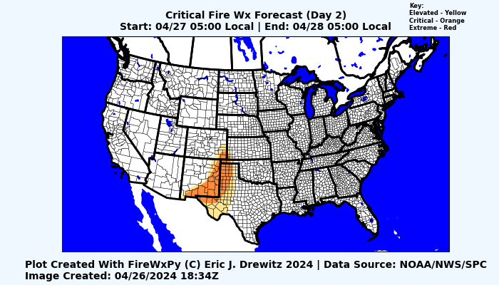 Here are Days 1 and 2 of the .@NWSSPC Critical Fire Weather Outlook plotted using FireWxPy. Depending on who your audience is, you can plot using either State and County boundaries or Geographic Area Coordination Center and Predictive Services Area boundaries. #FireWx #Python
