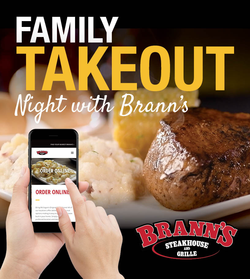 Gather your loved ones, cozy up at home, and let Brann's take care of dinner tonight! 🏡❤️ Order now with one of our delivery partners: bit.ly/2Y5LCyu. #MichigansOriginalSizzle #Food #Delivery #Home #Dinner