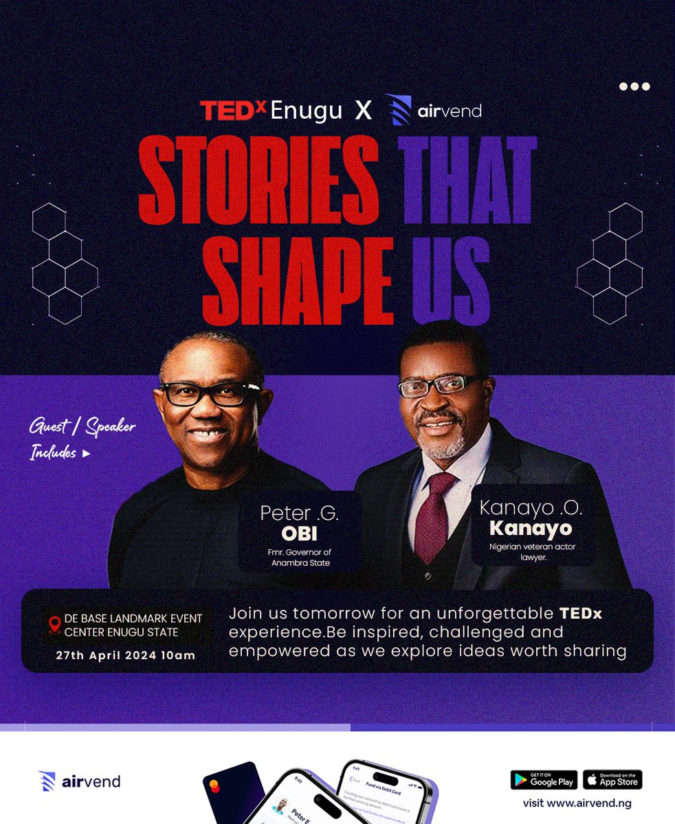 We’ll be live at the TEDxEnugu event TOMORROW and we want YOU to be a part of this event!

The lineup of speakers is sure to empower you and ignite your passion for innovation.

Don't miss this!

#TEDx #TEDxEnugu #airvend #enugu #ESUT #peterobi #enugustudents