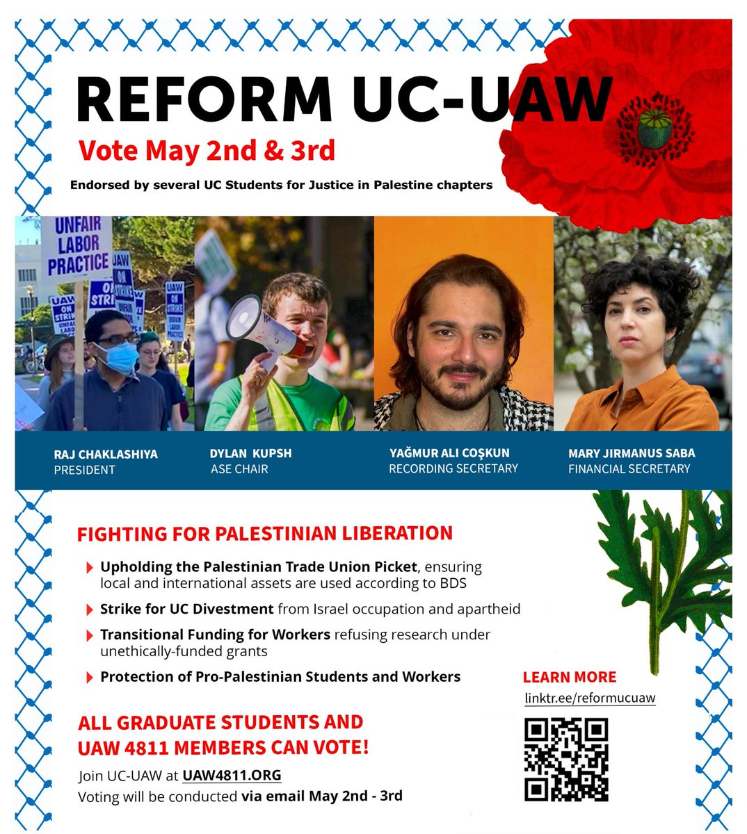 Proud to announce I am running for @uaw4811 President & endorsed by several UC SJP chapters! Our Reform UC-UAW platform wants robust organizing for a Free Palestine. We demand a BDS contract article. Learn more at linktr.ee/reformucuaw More to come. #freeourunion