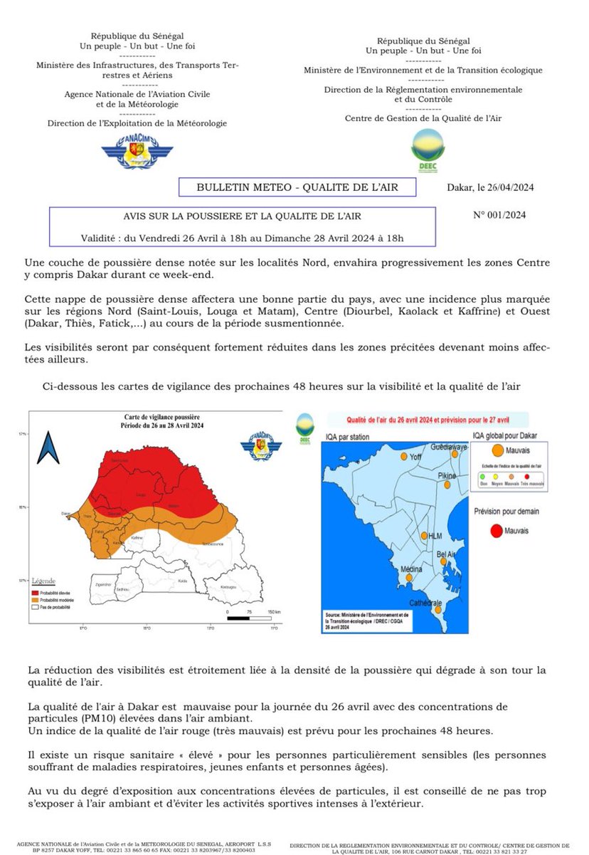 Une couche de poussière dense notée sur les localités Nord, envahira progressivement les zones Centre
y compris Dakar durant ce week-end
@meteosenegal