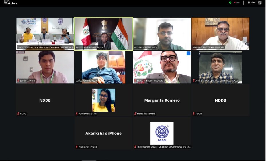 Thanks 🙏 to @SGCCI_Surat , Chairman @NDDB_Coop & Friends of Peru for participating in a fruitful Digital Video Conference on 26.4.2024 to discuss bilateral dairy sector cooperation. @midagriperu 🇮🇳 🤝 🇵🇪