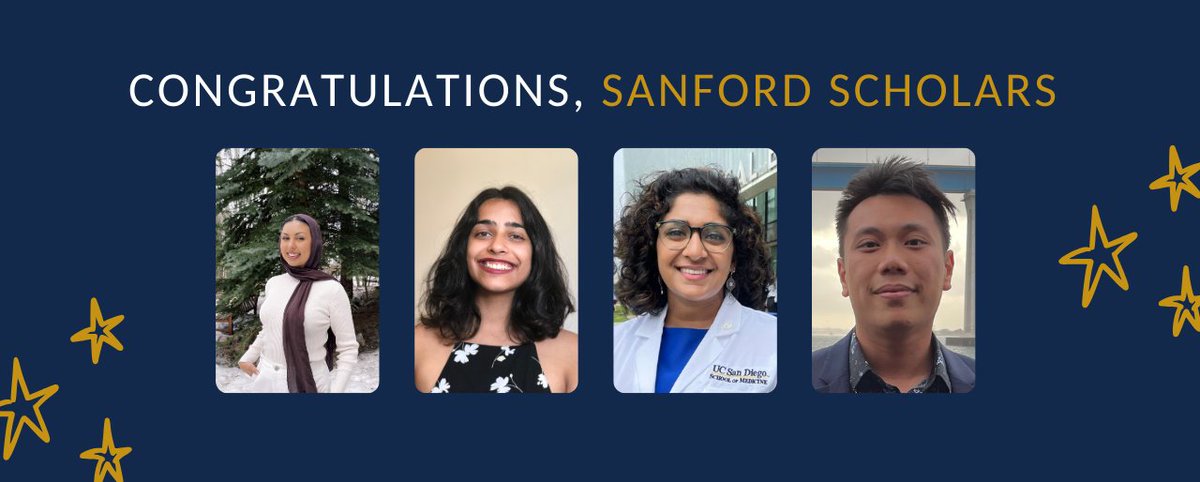 We are thrilled to announce 4 Sanford Scholars @UCSDCompassion were selected to be part of @UCSDMedSchool Gold Humanism Honor Society (@GoldFdtn). They'll be inducted this fall at the White Coat Ceremony. Congrats, Nissma Bencheikh, Tanya Jain, Nisha Uppuluri, and Alan Aung! 🎉