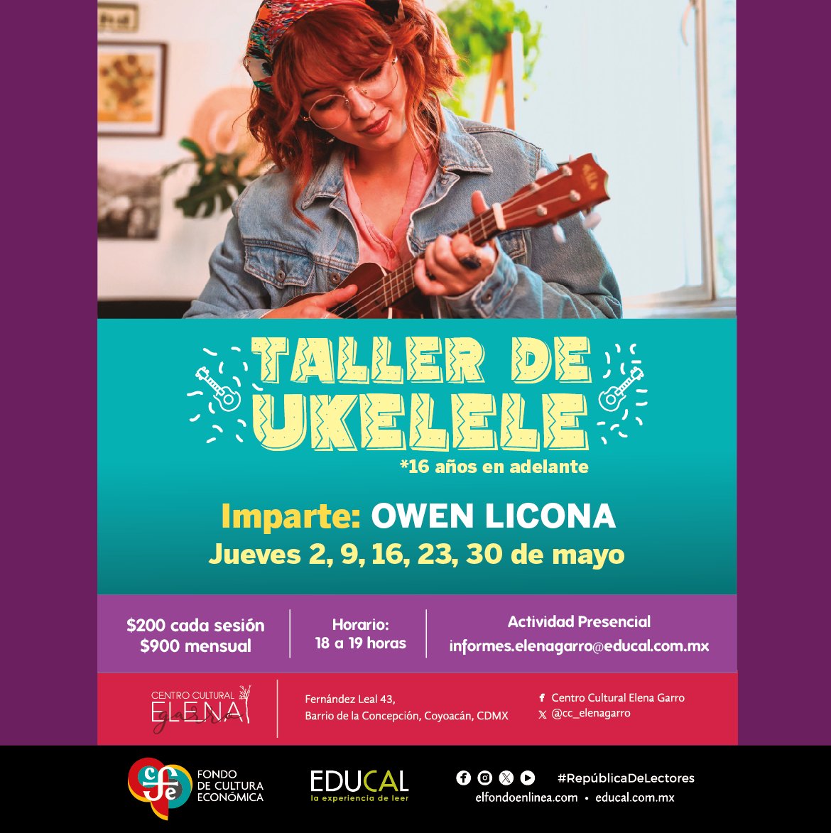 Disfruta de los talleres que el @cc_elenagarro tiene programados. 🔵 HAIKU o cómo escribirle un poema a la naturaleza. 🟠 Taller Literario: vida y literatura; narrar lo cotidiano. 🟣 Ukelele para adultos. 🤩 informes.elenagarro@educal.com.mx