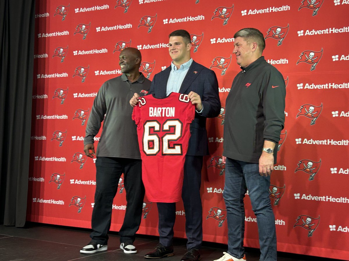 First look at Bucs C Graham Barton with HC Todd Bowles and GM Jason Licht.