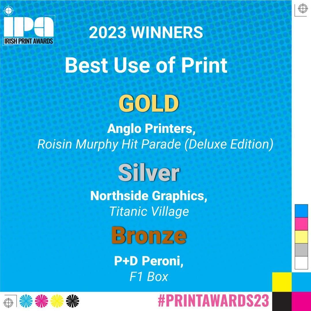 Irish Print Awards (@printawards) on Twitter photo We are thrilled to announce the winners for Best Use of Print:
GOLD: Roisin Murphy Hit Parade (Deluxe Edition) - <a href="/angloprinters/">Anglo Printers</a>
SILVER: Titanic Village - <a href="/NorthsidePrint/">Northside Graphics</a>
BRONZE: Peroni F1 Box - @p_dvisual
#PRINTAWARDS23 We are thrilled to announce the winners for Best Use of Print:
GOLD: Roisin Murphy Hit Parade (Deluxe Edition) - <a href="/angloprinters/">Anglo Printers</a>
SILVER: Titanic Village - <a href="/NorthsidePrint/">Northside Graphics</a>
BRONZE: Peroni F1 Box - @p_dvisual
#PRINTAWARDS23