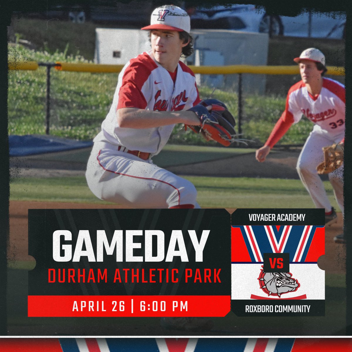 HUGE gameday for <a href="/VoyagerBASE/">Voyager Academy Baseball</a> as they host Roxboro Community this evening at the Durham Athletic Park.  The Vikings need to win in order to get a share of the conference championship. 1st pitch is scheduled for 6pm. Come out and support your Vikings!  Let's Goooo!