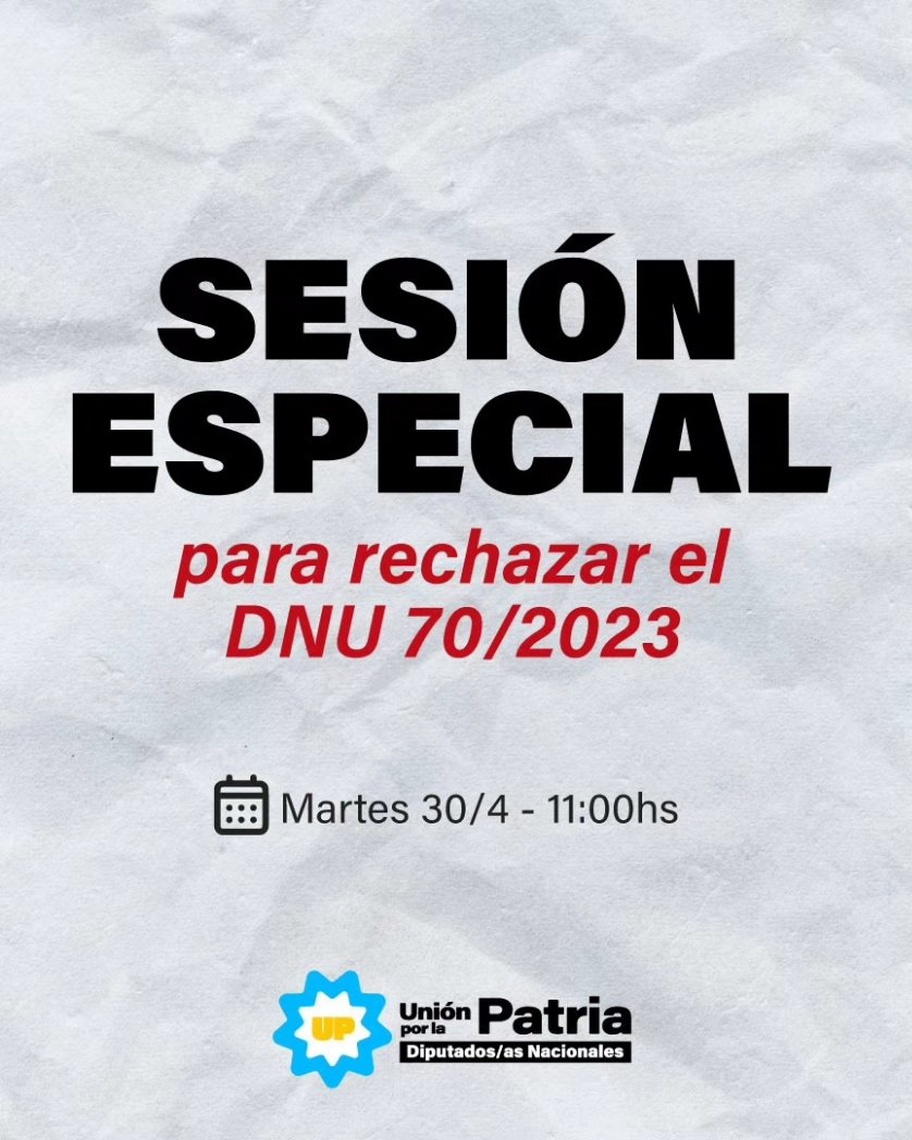✋️ SESIÓN ESPECIAL PARA RECHAZAR EL DNU 🚫

<a href="/Diputados_UxP/">Diputados UP</a> solicitamos este mediodía el pedido de Sesión Especial y poder rechazar el megadecreto de Milei, que ya fue impugnado en <a href="/SenadoArgentina/">Senado Argentina</a>

Invitamos a las y los diputados a dar quórum y rechazar el DNU 70/23, que