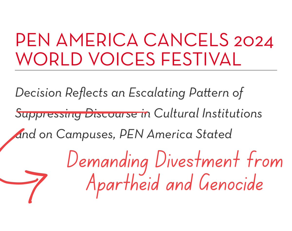 ‼️ BREAKING: @PENAmerica has cancelled the World Voices Festival after mass withdrawals by authors in solidarity with Palestine. This is a win for the movement. It is an indictment of PEN America’s leadership. And contrary to their statement, it’s a win for free expression, too.