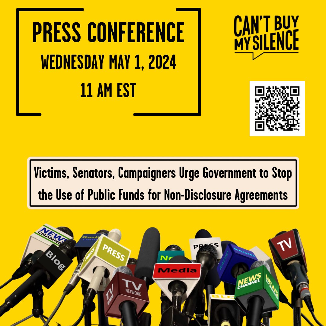 Join @ProfJulieMac @ZeldaZeldaluna @liz_hallett and Kristina Fifield with @cbmsilence for Press Conference in Ottawa Wed May 1, 11 AM EST, joined by @SenMarilou Join us virtually bit.ly/4diqUwQ #cantbuymysilence #banNDAs