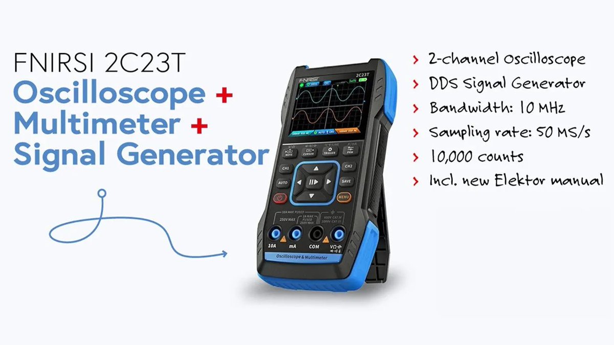 Elektor's tweet image. Discover the versatility of the Fnirsi 2C23T in our latest review! 
🎥 bit.ly/4baQCBv
This compact 3-in-1 device combines a dual-channel digital #oscilloscope, a precise #multimeter, and a powerful #signalgenerator
Buy now at Elektor: bit.ly/3UkwJBp