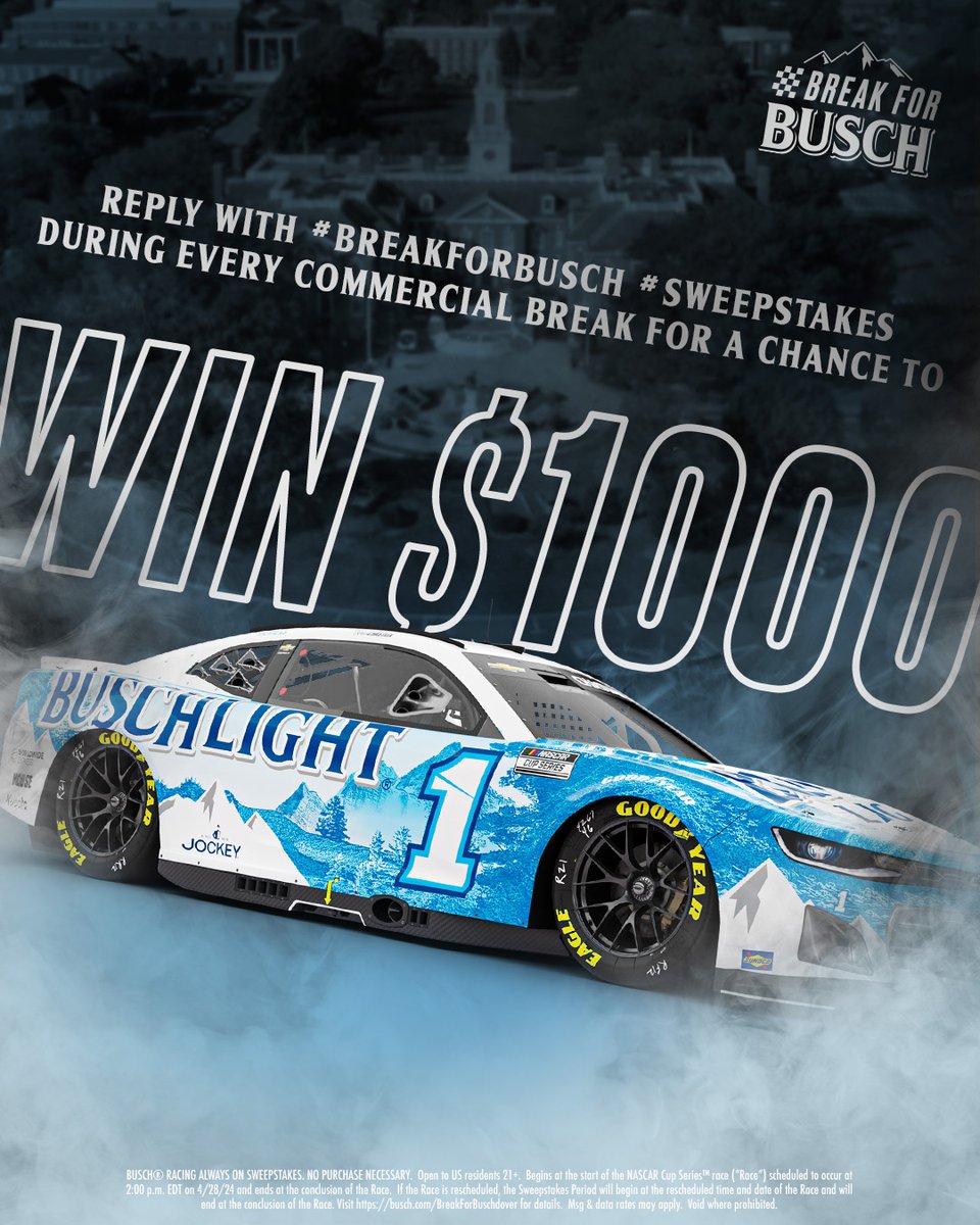 Want a chance to win $1K?! ​ Grab a Busch Light and reply during the commercial breaks using #BreakForBusch #Sweepstakes BEFORE the break is over to enter for a chance to win. @MonsterMile #Wurth400