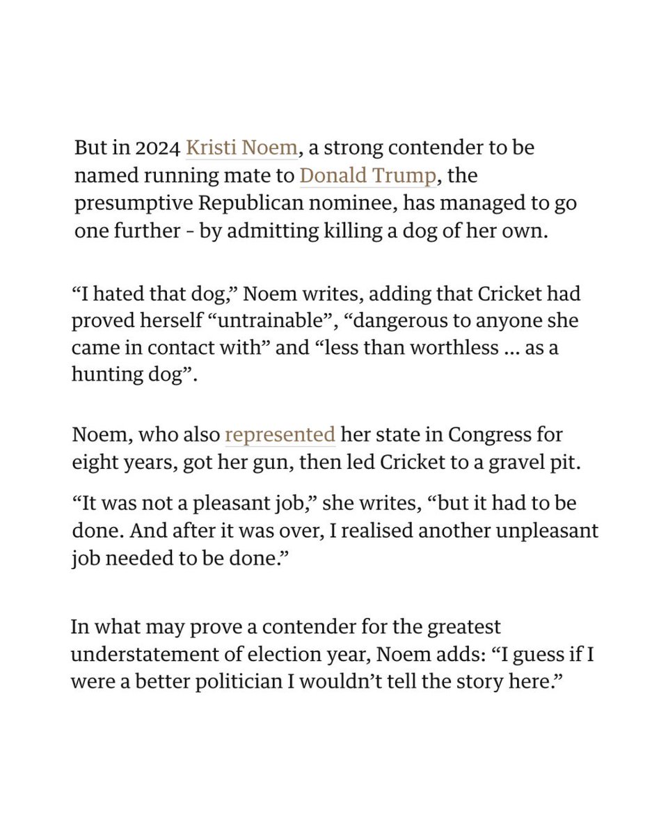 South Dakota Governor, Kristi Noem killed, shot her 14 month old puppy because it was untrainable and she “hated” Cricket. What a GD cold hearted Bitch. Yes I said it. Hell no, I refuse to take it back. And, further anyone who chooses to vote for her is also a psychopathic SOB.