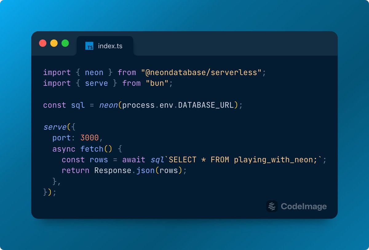 Tried out @bunjavascript for the first time. Loved the DevEx! (quick, easy to add deps) Built a super simple JSON API service connected to a @neondatabase