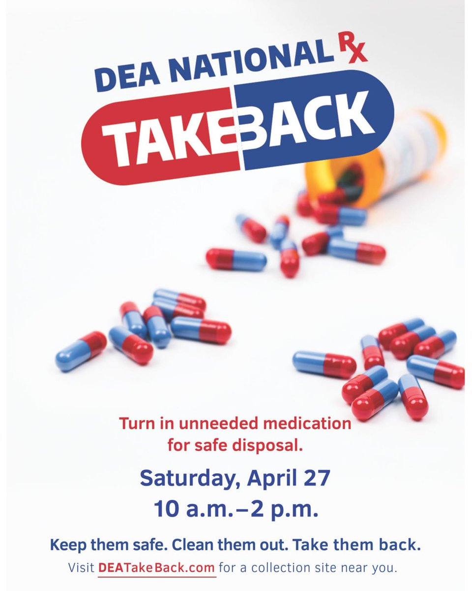 AS A REMINDER, THIS SATURDAY, APRIL 27 FROM 10-2 is the DEA's annual drug take back day. 

Come up to the Government Center lobby between 10 AM - 2 PM where our officers will help collect said drugs.

For more information, please visit DEAtakeback.com.