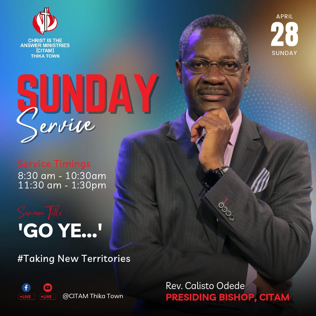 This Sunday 28th April 2024, as we conclude our Youth Month, Under the theme; The take Over, our guest speaker will be the presiding Bishop Rev. Calisto Odede on the Topic, 'Go Ye..'. We invite you to join us either on the first or second service.
#TheTakeOver
#Youthmonth
#TNT