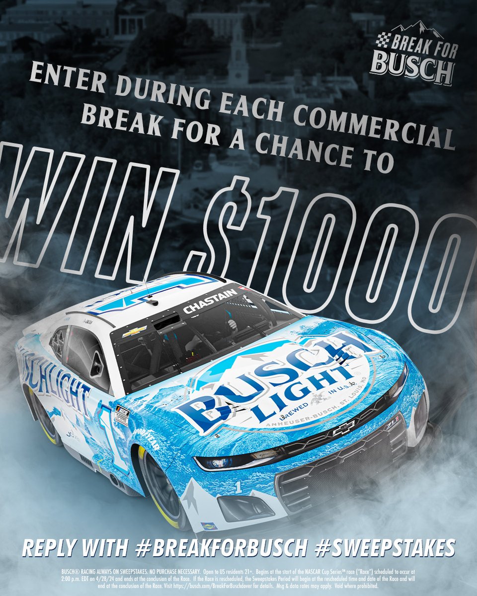 DON’T MISS OUT ON THE 🍻💰 @MonsterMile​ KEEP REPLYING using #BreakForBusch #Sweepstakes during the rest of the commercial breaks to enter for a chance to win $1,000. #Wurth400