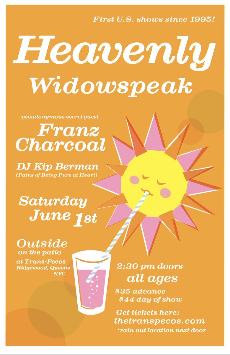 ANNOUNCING --> Sat 6/1 - 230pm outside on the patio! HEAVENLY -- 1st US tour in 29 years! Widowspeak Franz Charcoal -- pseudonymous secret guest... dj Kip Berman -- The Pains of Being Pure at Heart TICKETS --> venuepilot.co/events/103571/… flyer by Jen Spragia of The Softies !