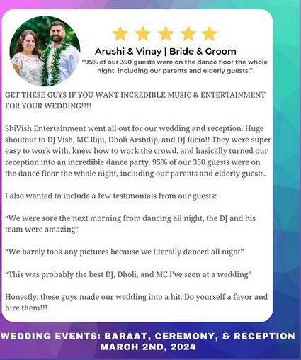 Read what our clients are saying! ⭐⭐⭐⭐⭐   

#ShiVish #djs #djservices #weddingdjs #HappyCustomers