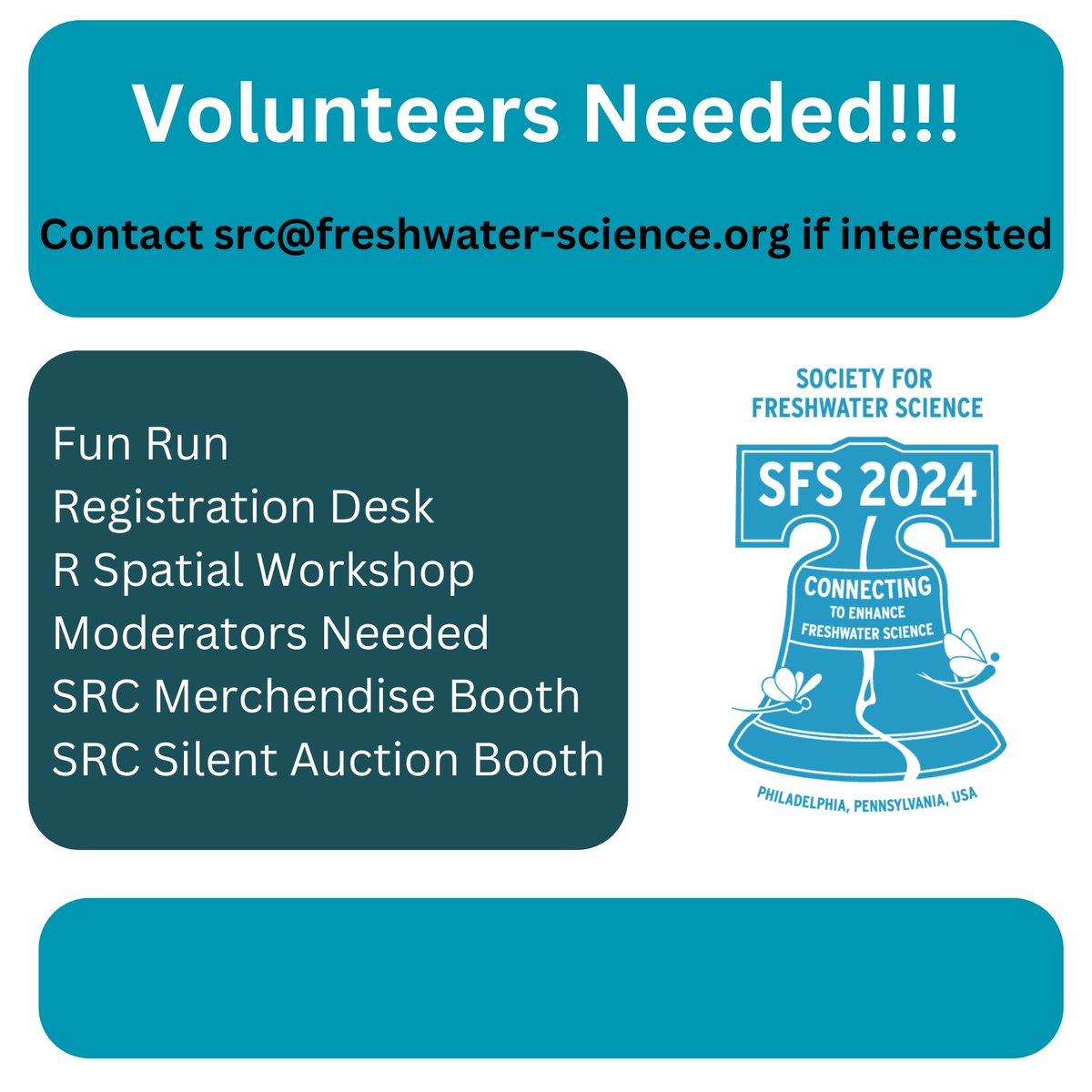 Looking to be more involved or help out during the meeting? We are looking for volunteers during the annual meeting! See the poster for opportunities and consider signing up by emailing us at src@freshwater-science.org!!