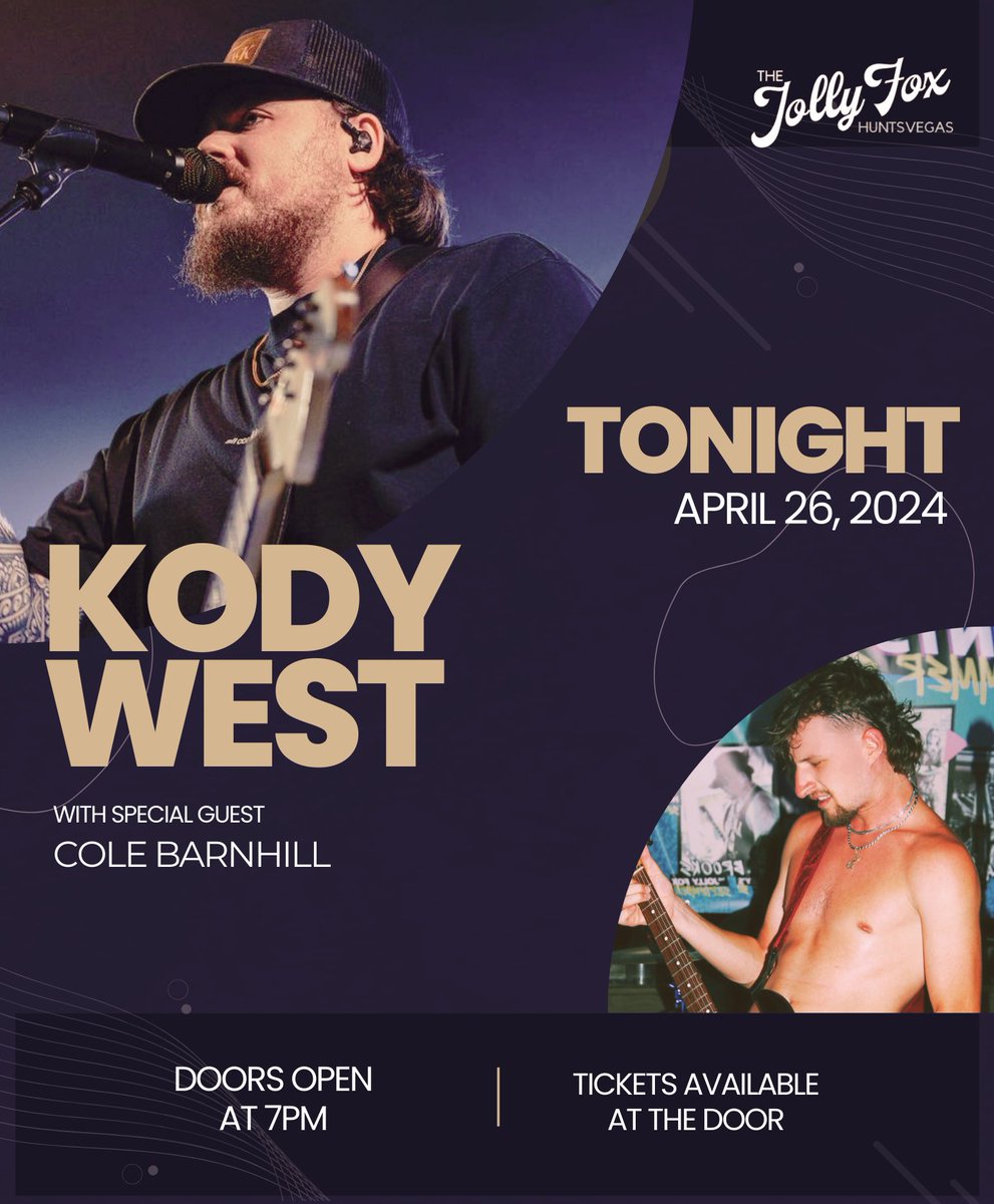 IT’S TIME! 🤩
Kody West is live with us tonight here at the Jolly Fox! 🎸 You’re not going to want to miss out on this concert! ✨ Come early and have a great time with us as Cole Barnhill kicks off the show! 🔥 Tickets are available at the door! 🎫