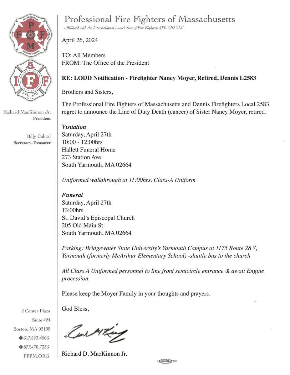 LODD Notification - Firefighter Nancy Moyer, Retired, Dennis Professional Firefighters Local 2583