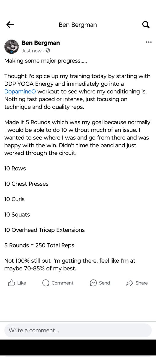 My workout for today. Making some major progress in my recovery and healing. @RealDDP @DDPYoga #workout #fitness #recovery #Healing #exercise #cardio #strength #circuitworkout
