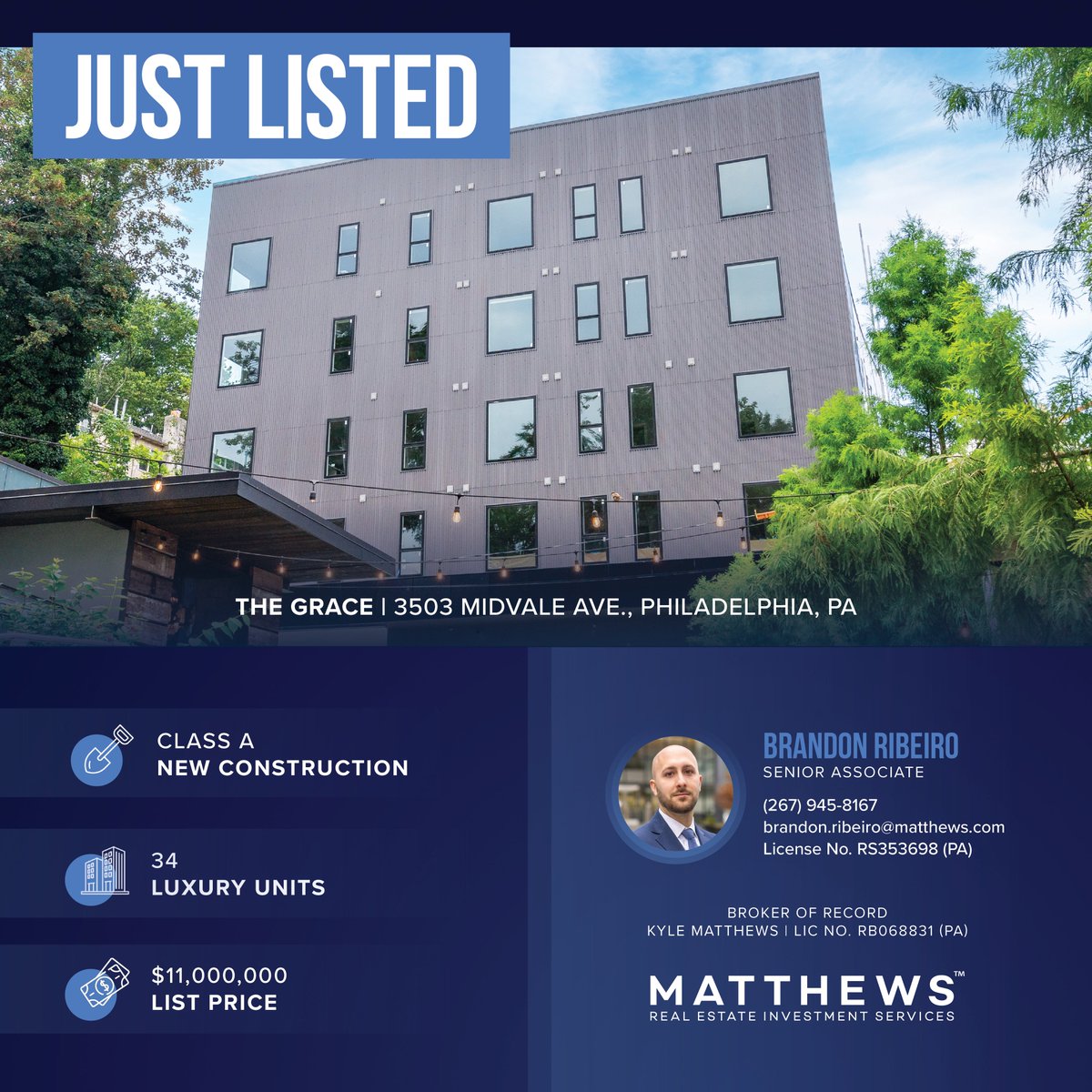 Brandon Ribeiro listed The Grace, a Class A luxury apartment building located in Philadelphia, PA ⭐️ 🔗 More information: matthews.com/press-release/… #Matthews #CRE #RealEstate #Multifamily #ClassAMultifamily