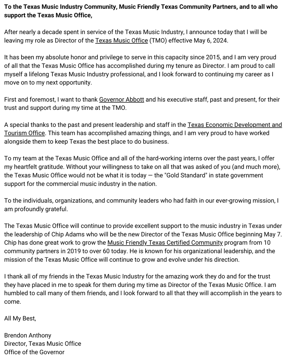 The Texas Music Office's Longstanding Director, Brendon Anthony, Announces Departure, and Names TMO's Community Relations & Outreach Specialist, Chip Adams as New Director. Read the full letter: bit.ly/TMO_BA