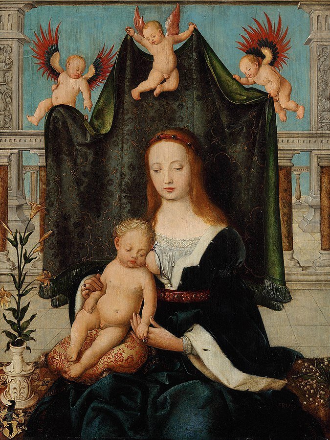 Madonna ze śpiącym Dzieciątkiem 1520r. 74x56cm Hans Holbein Starszy 'O lilijo,jakżeś Ty wspaniała, wszelkich cnót rozlewasz woń'- jedna z najbardziej popularnych pieśni maryjnych. Lilia - symbol czystości i niewinności i dziewiczego macierzyństwa. Gemäldegalerie Berlin