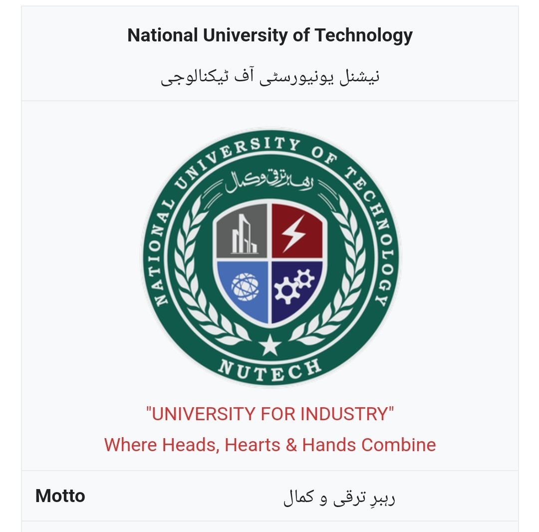 Established in 2017 as an affiliate university of FWO, Pak Army, founded by Engineer in Chief  Lt Gen Engineer Khalid Asghar, #NUTECH is administered by the Pak Army under the supervision of the Government of Pakistan in consultation with MoST, HEC, PEC, NTC, NCEAC, NAVTTC etc.