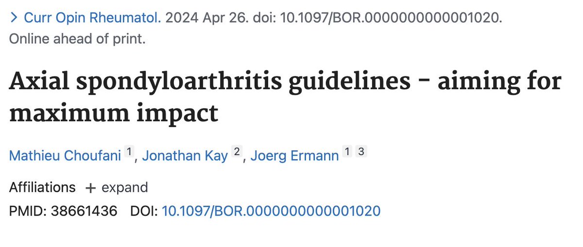 Honored to have worked under the guidance and mentorship of @JoergErmann and Dr. Jonathan Kay on this article delving into axial spondyloarthritis guideline quality and the importance of implementation in maximizing the guidelines' impact on axSpA patients!
#rheumtwitter #AxSpA