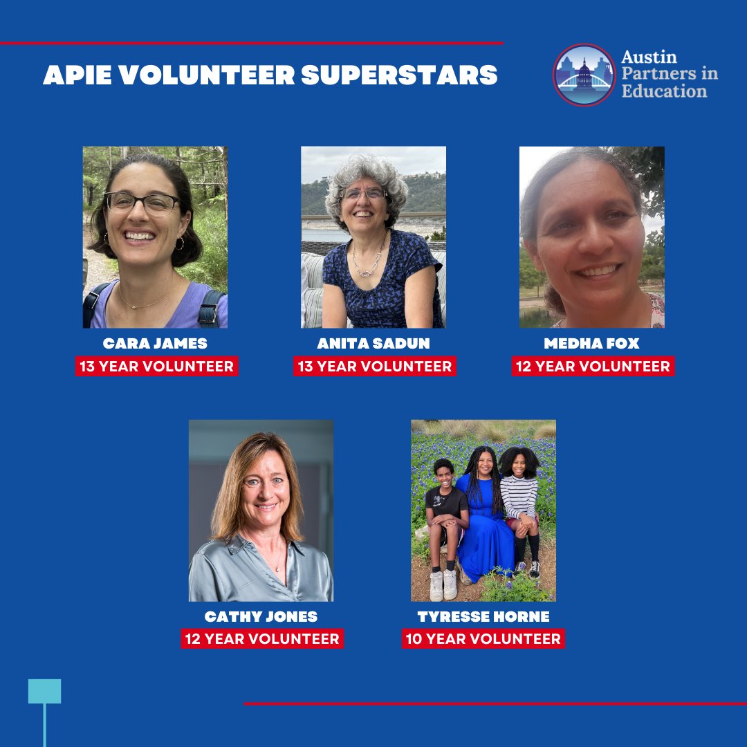 Meet our Math Classroom Coaching Volunteer Superstars—APIE volunteers who have served 10+ years. They have a combined 60 years of service! Congrats & TY for your dedication to @austinisd students! #VolunteerAppreciationMonth #mathclassroomcoaching