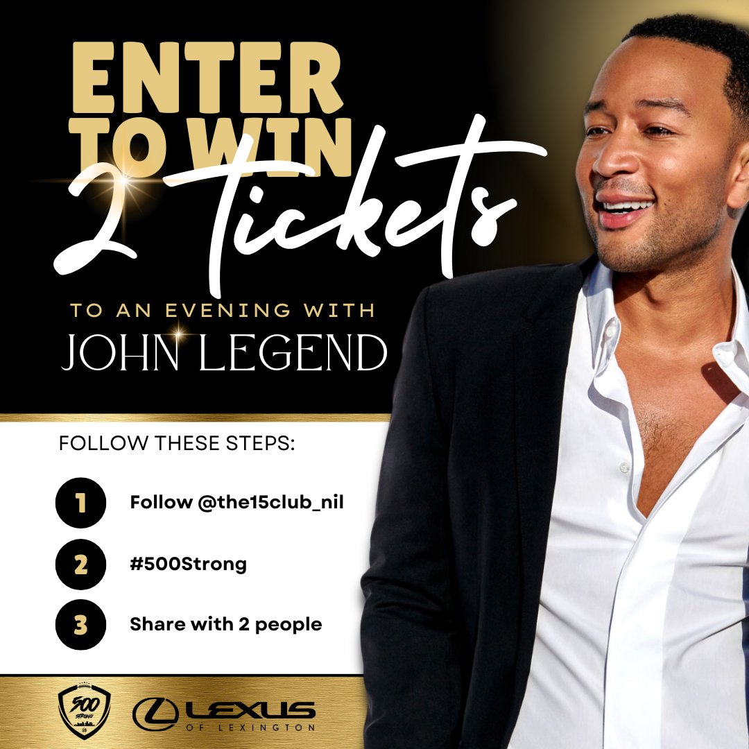 Enter to win 2 tickets to An Evening with John Legend!

To enter: follow @the15Club_Nil and repost with the hashtag #500Strong and tag 2 friends.

Deadline is May 3rd!
@ukathletics @lexusoflexky @johnlegend
#500Strong #weareuk #ukathletics