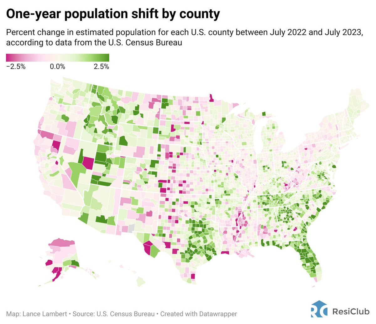 One-year population change by county via @ResidentialClub